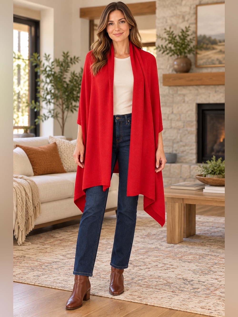 J.Jill Red Knit Shawl Wrap Oversized Blanket Scarf 68 x 30 Pashmina Travel